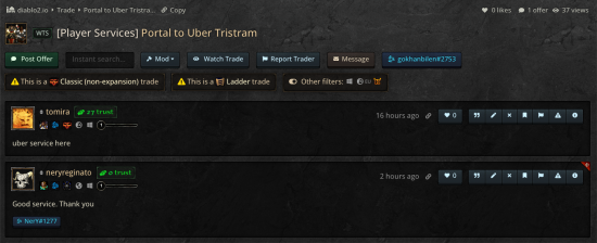 A typical player services topic. Buyers tend to leave reviews/recommendations. These types of trades never expire.