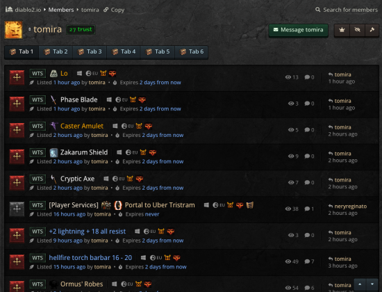 A player's stash with a variety of items in stash tab 1 by default