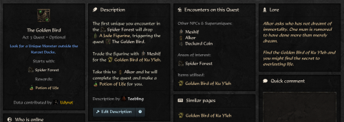 A quest showing encounters, rewards and lore.