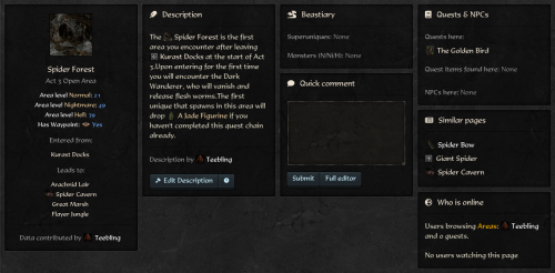 Area - once populated with data will show monsters spawning here etc.