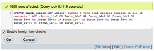 The winning query... :/ Note the lack of a 'WHERE' clause which meant the query applied to the whole database.