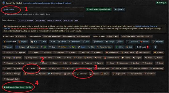 How to search for Skiller (Sorceress) Grand Charms