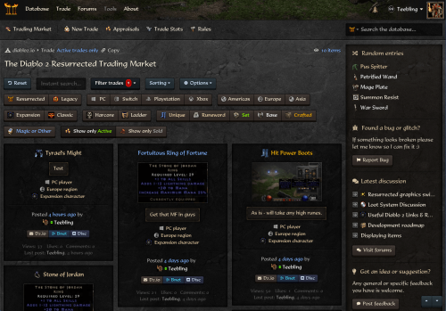 The trade marketplace with filters visible