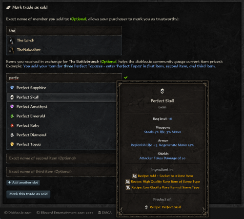 Marking a trade as 'Sold' lets you record sold for/sold to values