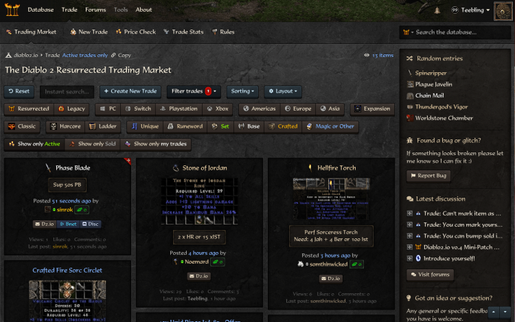 Filtering through the Diablo 2 Resurrected trading market. Check out https://diablo2.io/trade today!