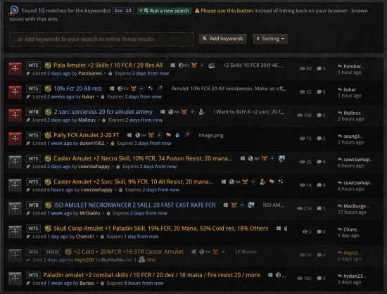 Keyword search for 'fcr' and '20' in the 'Amulets' item type category