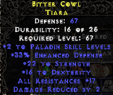 +2 Paladin Skills<br />33% Enhanced Defense<br />+22 Strength<br />+16 Dexterity<br />+17 All resistances<br />Damage reduced by 2