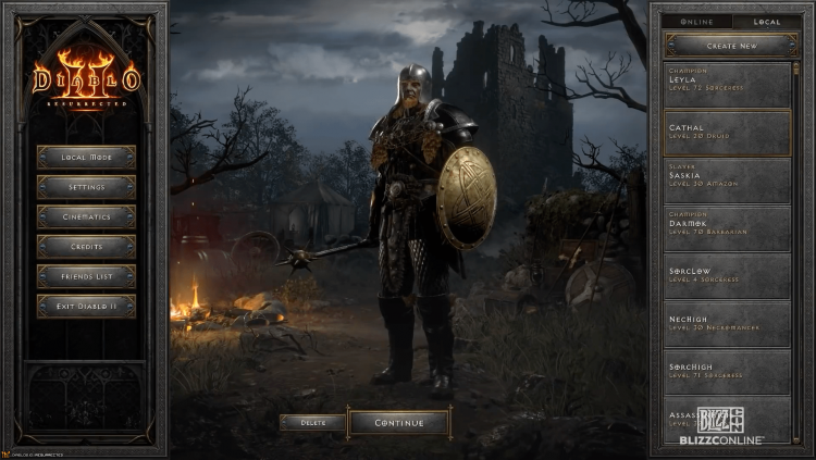 Character select screen with Act-specific backdrop and tabs for 'Local' (offline) and Online characters.