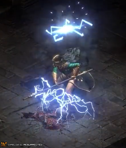 A Sorceress casting Lightning in the Mausoleum.
