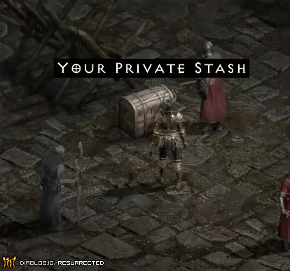 An Amazon standing next to her stash in Kurast Docks.