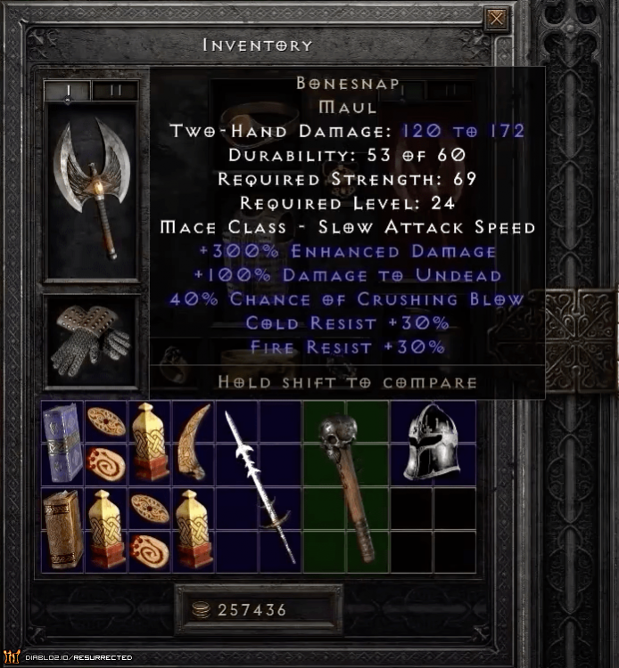 The inventory user interface - note the hold shift to compare help-text :)