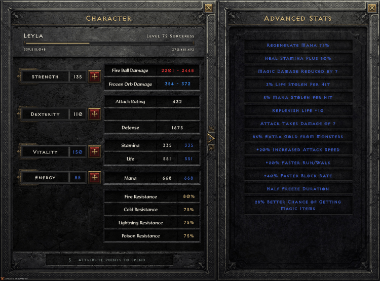 Character screen with available stat points to spend and advanced stats addition.