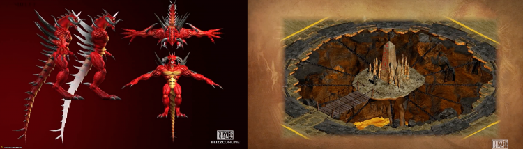 Diablo in animator's T-pose (left) and Tal Rasha's chamber rendered (right).