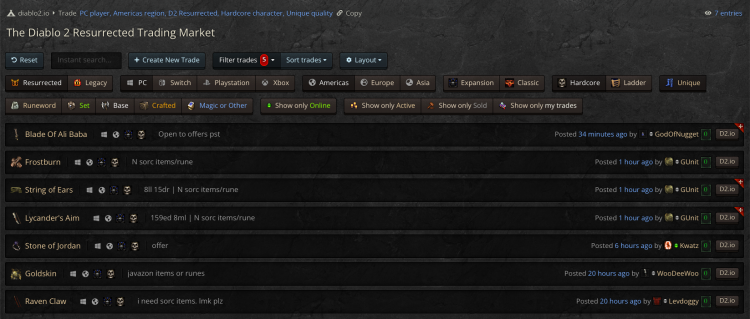 Trade market being filtered and returning a spread of results. The majority of trades are still PC at the moment.