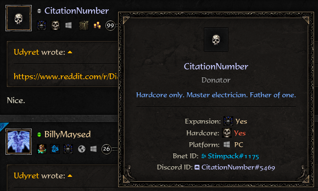 See CN's post at the top - gold coins before his forum level, purple username, 'Donator' title.