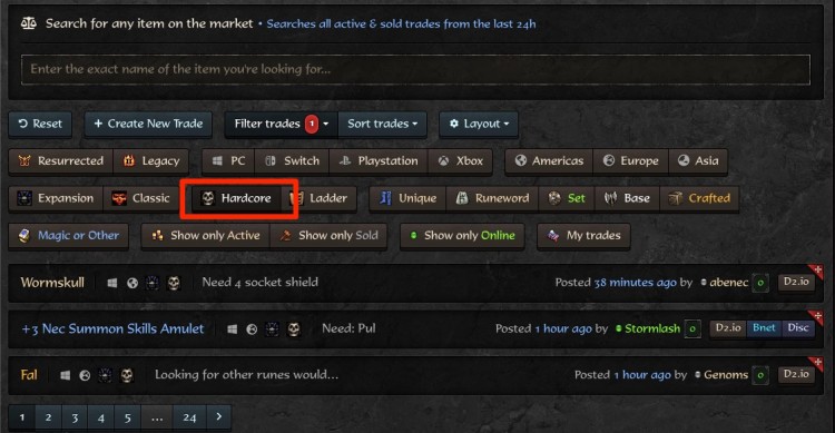 Filtered list of trades marked as hardcore