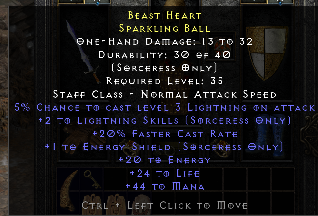 2 lightning skill, +20% FCR, +44 Mana Sparkling Ball • 