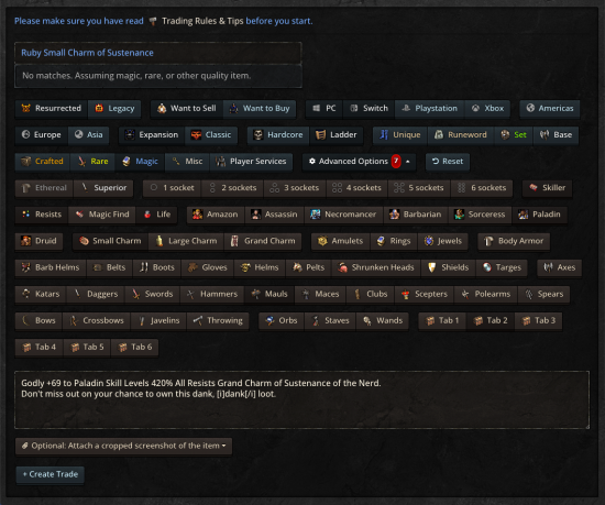 Trade creation - multi platform selection, presets pre-loaded, advanced filter options, stash assignment.