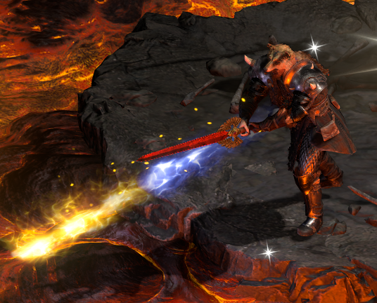 A Druid wielding Flamebellow and using its granted skill, Inferno.