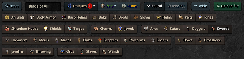 Filtering collection for found Unique Swords