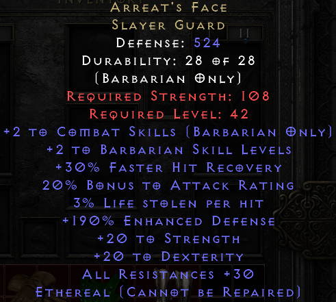 Arreat's Face (Ethereal, 524 Def, 190% EH, 3% Life Steal) Sale.png