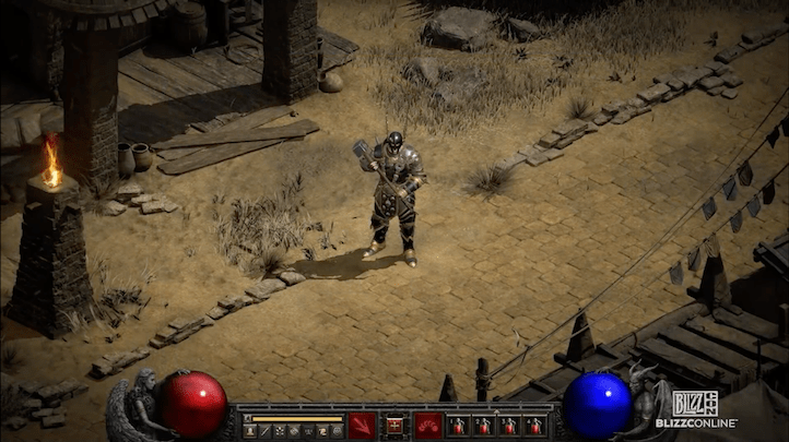 Barbarian standing in Lut Gholein, fully rendered in 3D.