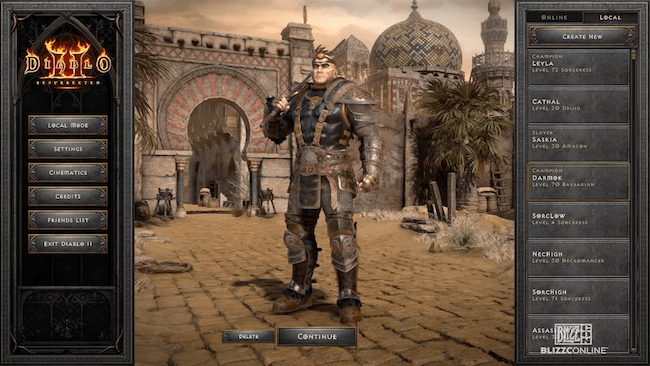 Barbarian on character selection screen with Lut Gholein backdrop