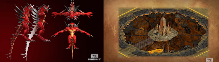Diablo in animator's T-pose (left) and Tal Rasha's tomb rendered (right)